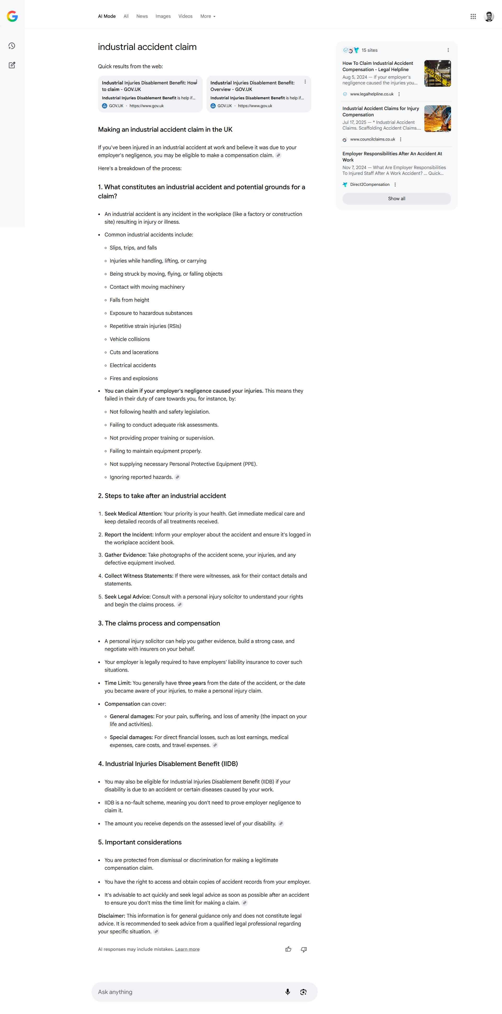 Industrial accident claim AI-Mode SERP