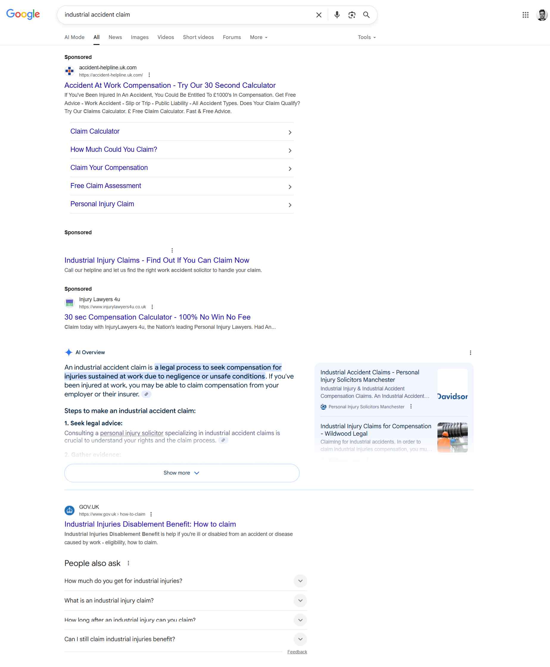 Industrial accident claim Classic SERP